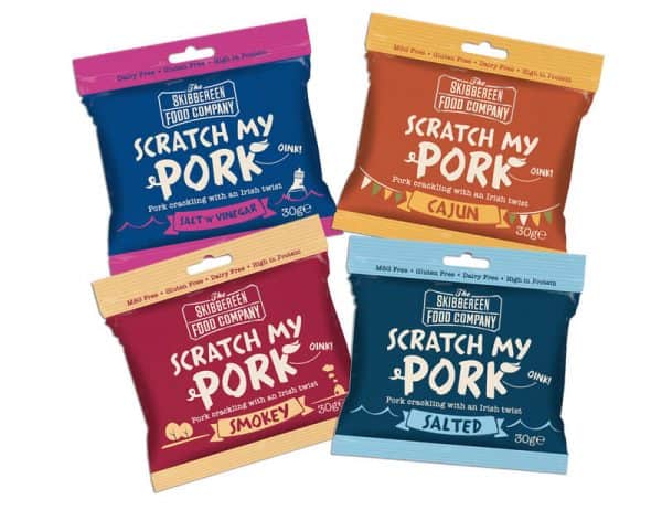 Photo of full range of Scratch My Pork snacks
